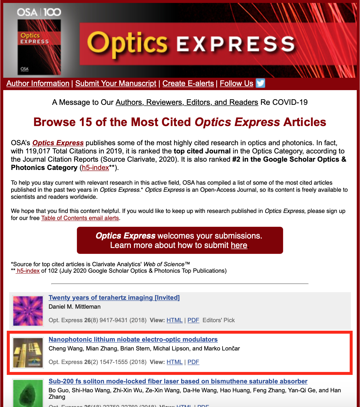 15 of the Most Cited Optics Express Articles